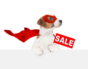 Poster - Funny jack russell terrier puppy wearing superhero costume looking above empty white banner and  shows signboard with labeled 