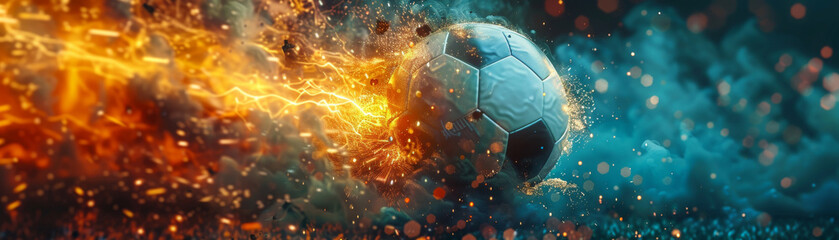 Canvas Print - A soccer ball is in the air with a fire trail behind it
