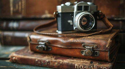 A vintage camera sits on a stack of old books. The camera is made of metal and has a brown leather strap.