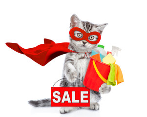 Poster - Funny tabby kitten wearing superhero costume holds bucket with washing fluids and  showing signboard with labeled 