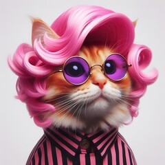  Extravagant stylish cat funny hairstyle photo, pink hair, funny clothing, white background