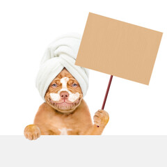 Poster - Happy Mastiff puppy with towel on it head, with cream on it face holds empty placard above empty white banner. isolated on white background