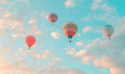  air balloons in pastel colors floating in a cloudy sky, Generative AI
