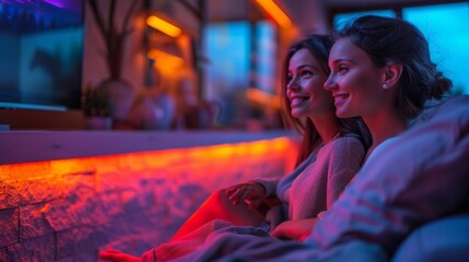 Poster - Imagine a joyful family gathered in their modern living room, surrounded by vibrant LED strips that cast a colorful glow