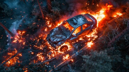 Canvas Print - Illustrate an aerial perspective of a car crash into a roadside barrier, with debris strewn across the shoulder and emergency