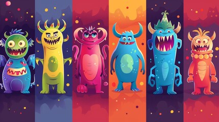 Wall Mural - Modern banners set with cute monsters, funny characters, aliens, strange animals or creatures, spooky characters for Halloween, kids party or performance.