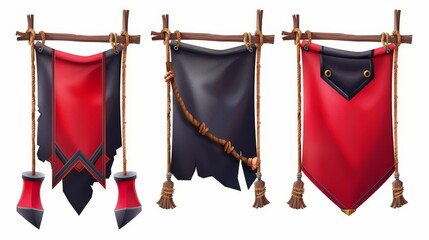 Poster - Modern realistic mockup of 3D canvas posters and pennons hanging with ropes in red and black.