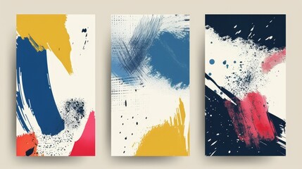 Wall Mural - Abstract paintings on background of art exhibition flyers featuring hand-drawn fluid shapes and grunge textures. Modern vertical banners of modern galleries.