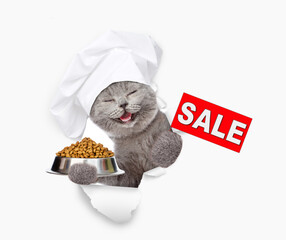 Poster - Happy kitten wearing chef's hat looking through the hole in white paper and holding bowl of dry pets food and holding signboard with labeled 