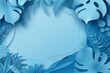 abstract background with blue color and tropical leaves, top view on light blue background