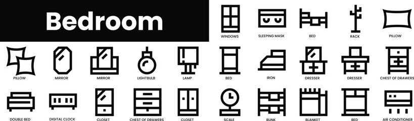 Wall Mural - Set of outline bedroom icons. Minimalist thin linear web icon set. vector illustration.