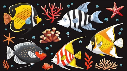 Wall Mural - Cartoon underwater sea animal modern set with tropical fish, coral, red star, and sponge isolated on black background. Yellow tang, school of tuna, actinia, and seaweed, underwater animals.