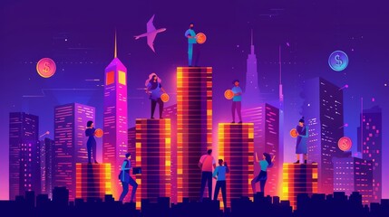 Poster - in the night mode, this modern landing page shows the team climbing on coin stacks together as the b