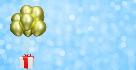 Aufkleber - flying gift box with yellow balloons on blurred blue background. Empty space for text. 3d rendering