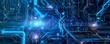 © JubkaJoy - A captivating futuristic digital technology abstract background dominated by a brilliant blue hue, adorned with intricate neon lines, geometric patterns and Electronic circuit board lines