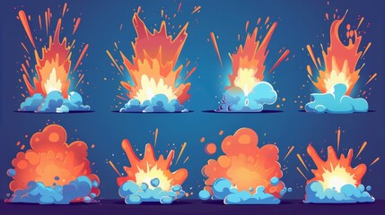 Wall Mural - An explosion animation effect for 2D game design. Modern sprite sheet with cartoon energy burst, fire splash on background, blue smoke cloud.