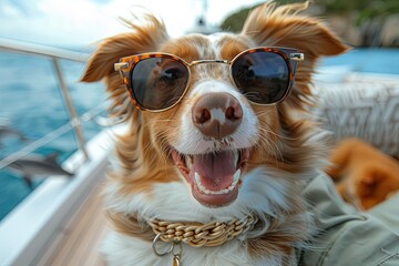 Canvas Print - Border Collie dog wearing sunglasses taking selfies on the deck of a luxury yacht