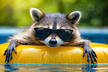  Cool raccoon chilling in a pool with sunglasses