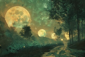 Wall Mural - Three large, glowing spheres in a desert landscape