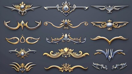 Wall Mural - UI medieval borders in silver and gold metal. Cartoon collection of empty curved metallic borders, flourish isolated design gui elements, Modern illustration set.