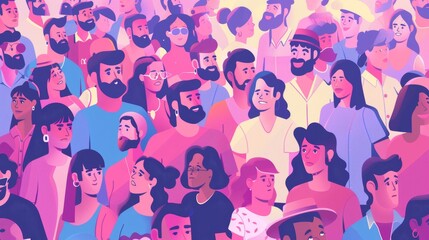 People crowd, group of diverse characters, modern community, city dwellers, audience. Children, teens, mothers with children, couples, pets. Flat modern illustration of people crowds, groups of