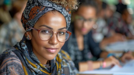 Canvas Print - Depict a scene of young professionals in their 30s from various ethnic backgrounds collaborating on a colorful brainstorming session in