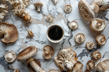 Wall Mural - Overhead view of a cup of mushroom coffee surrounded by superfood mushrooms