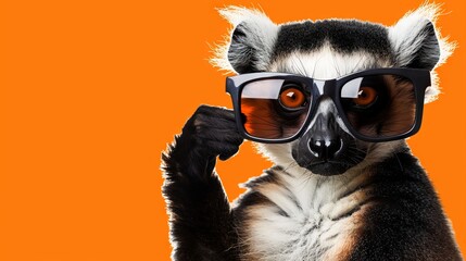 Wall Mural - Stylish lemur with oversized sunglasses on orange background