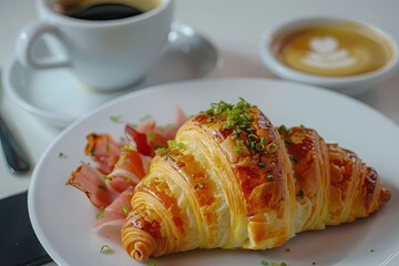 Poster - croissant with ham and cheese placed on white plate near cup of coffee