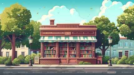 Poster - An urban city landscape with a bookstore facade, a sidewalk, lanterns, and green trees and houses in the background, a contemporary modern illustration.
