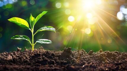 Wall Mural - Young sprout thriving in sunlight with bokeh background