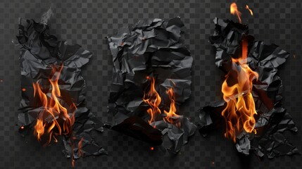 Wall Mural - PNG set of burning papers isolated on transparent background. A realistic depiction of long sheets on fire, with uneven edges damaged by flame. Evidence elimination. Last minute deal concept.