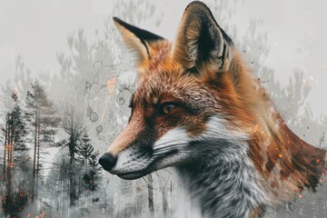 Wall Mural - double exposure artwork of a fox in the woods, wall art, beautiful poster