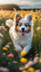 Canvas Print - AI generated illustration of a dog strolling through a wildflower-filled field