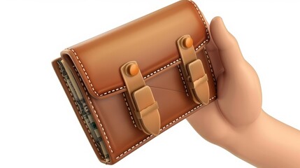 Aufkleber - Hand holding paper money cash wallet. Concept of finance, payment, savings, budget with hand holding paper dollar bill purse, 3D render isolated on white.