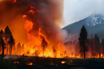 Wall Mural - Extensive wildfires raging through national parks and forests. Firefighters battling a large fire. Burning trees. 