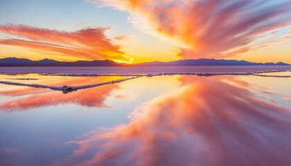 Wall Mural -  A sunrise casting vibrant colors across salt flats, creating a reflective surface