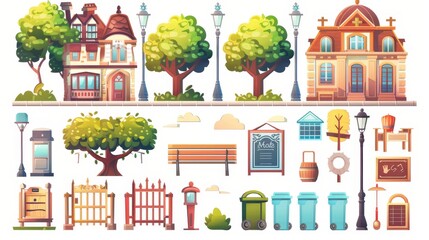 Wall Mural - Isolated set of city elements. Urban architecture design objects with cartoon houses, street lights, trees, clouds, benches, fences, chalkboards, and litter bins.
