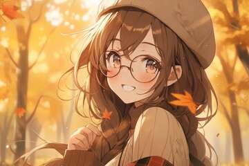 Wall Mural - charming smiling brown haired anime girl with glasses in the autumn park