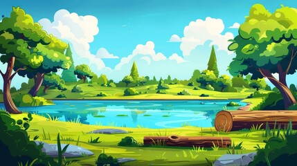 Wall Mural - Fields, river coast and clouds in the sky, modern cartoon illustration of nature scene with lake. Summer landscape with green trees, grass, bushes, pond, and wooden log in the water.