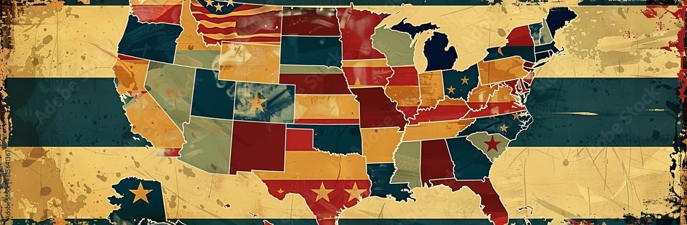 Artistic Vintage Style USA Map with State Borders and Starry Details on ...