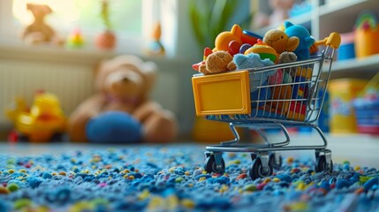 Sticker - A shopping cart brimming with colorful toys and games, isolated on a bright, multicolored background, evoking the joy of childhood