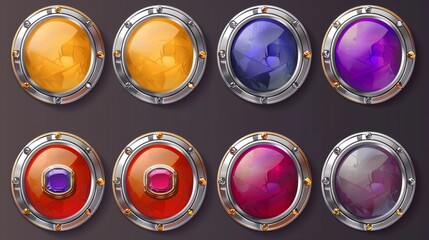 Wall Mural - Silver and gold rank frames with gems and red, purple buttons isolated on a white background. Modern cartoon set of user interface elements.