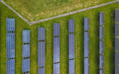 a photo taken from above looking down on a large array of solar panels