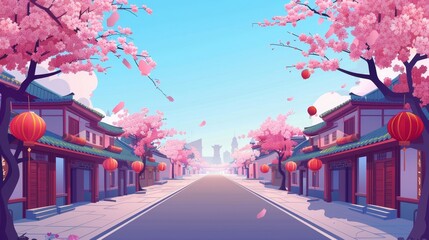 Wall Mural - Chinatown street view with cherry blossom cartoons. Sakura trees near Japanese buildings in a village. Travel to lanterns on asian houses in oriental cityscapes.