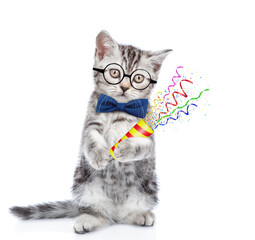 Aufkleber - Tabby cute kitten wearing eyeglasses and tie bow holds exploding firecracker. Isolated on blue background