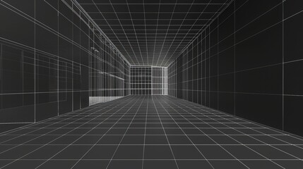 Poster - Black wireframe room background. Realistic modern illustration of rectangle line grid box interior with walls, ceiling, floor, corners. Abstract virtual space.