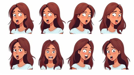 Wall Mural - Animation of girl's mouth movements while talking. Synchronized lips with different phonemes and emotions, modern cartoon illustration.
