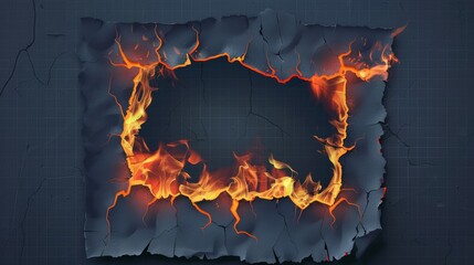 Poster - Modern set of realistic burnt paper edge with grid. Burn effect on page hole. Flame isolated on transparent background. Scorched border on blank school notebook page.