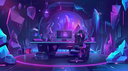 Poster - an offline stream cartoon wallpaper banner design for a gamer with computer, table, and armchair. a 